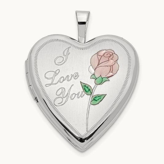 White Gold Enamel Rose I LOVE YOU Heart Locket, 20mm, 14K