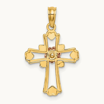 w/White Rhodium Cross w/Flower and Heart Charm, 14K Two-tone
