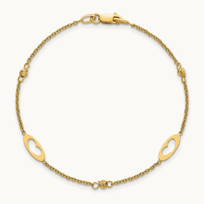 Polished Link Hearts and D/C Beads 7.5in Bracelet, 14K
