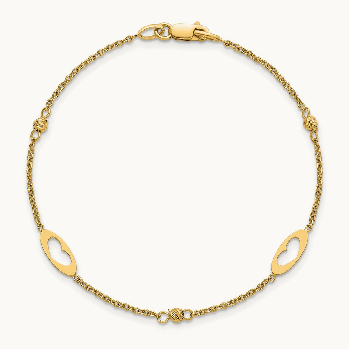 Polished Link Hearts and D/C Beads 7.5in Bracelet, 14K