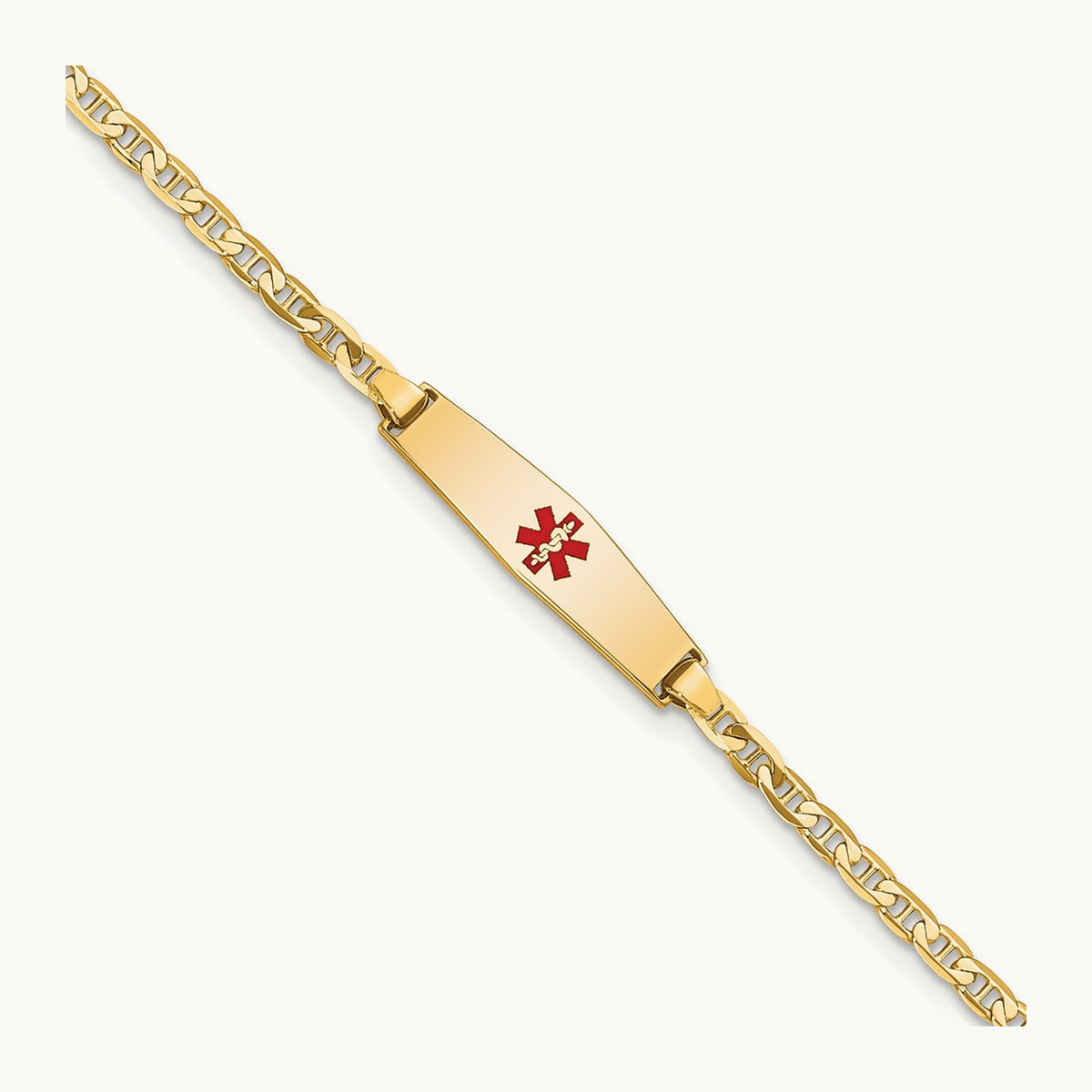 Medical Soft Diamond Shape Red Enamel Flat Anchor Link ID Bracelet, 14K