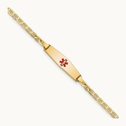 Medical Soft Diamond Shape Red Enamel Flat Anchor Link ID Bracelet, 14K