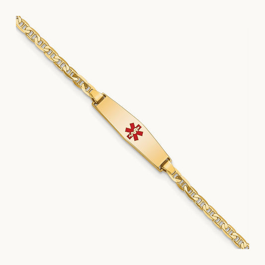 Medical Soft Diamond Shape Red Enamel Flat Anchor Link ID Bracelet, 14K