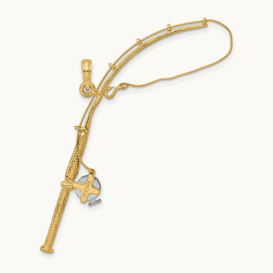 w/Rhodium 3-D Moveable Fishing Pole W/ Reel Charm, 14K