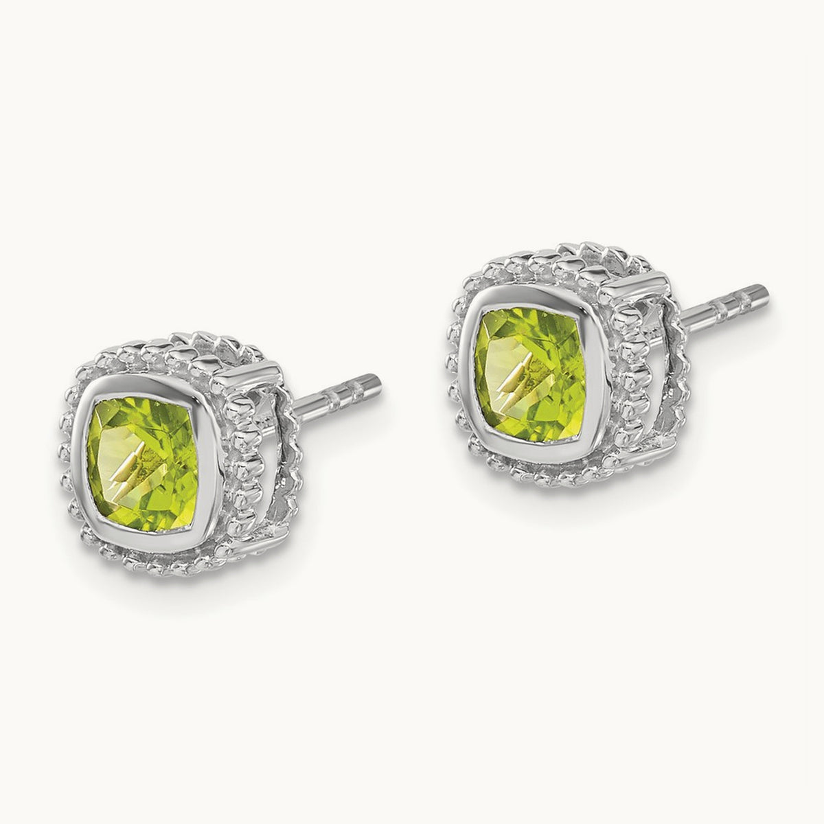 Cushion Peridot Earrings — 14K White Gold