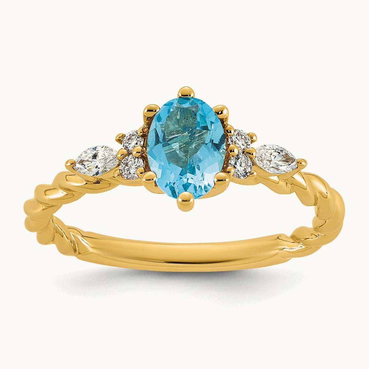Polished Diamond and Blue Topaz Twisted Ring — 14K Yellow Gold