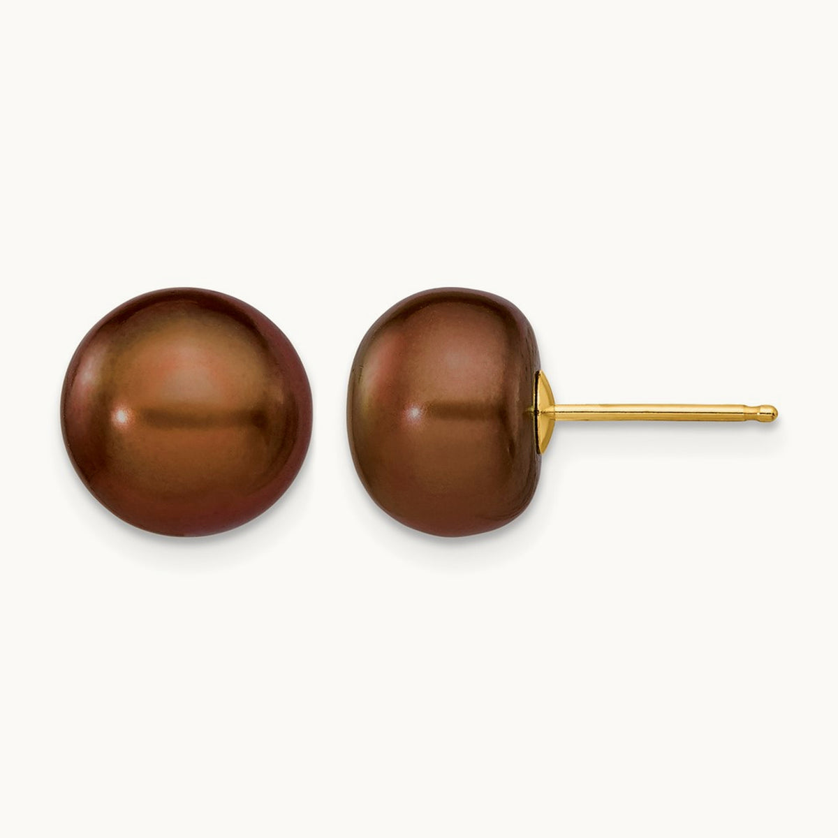 9- Brown Button Freshwater Cultured Pearl Stud Post Earrings, 10mm, 14K