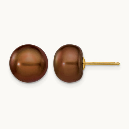 9- Brown Button Freshwater Cultured Pearl Stud Post Earrings, 10mm, 14K