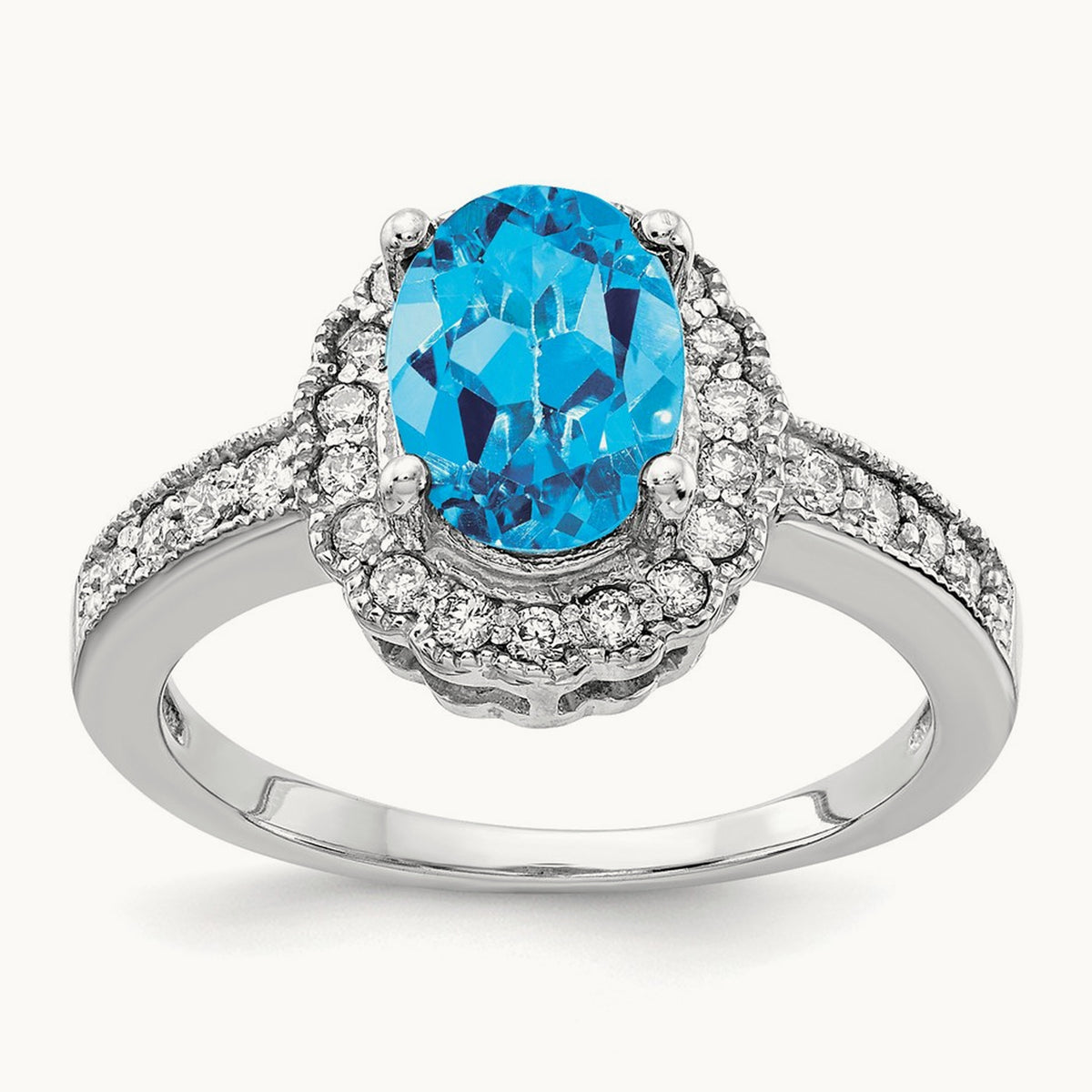 8x6mm Oval Blue Topaz AA Diamond ring, 14K White Gold