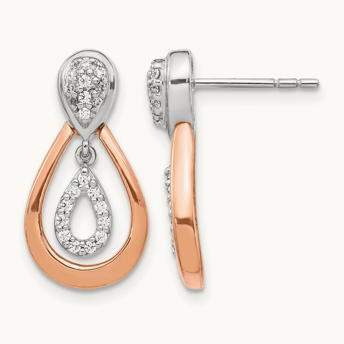 Diamond Post Dangle Earrings, 14K White with Rose Gold