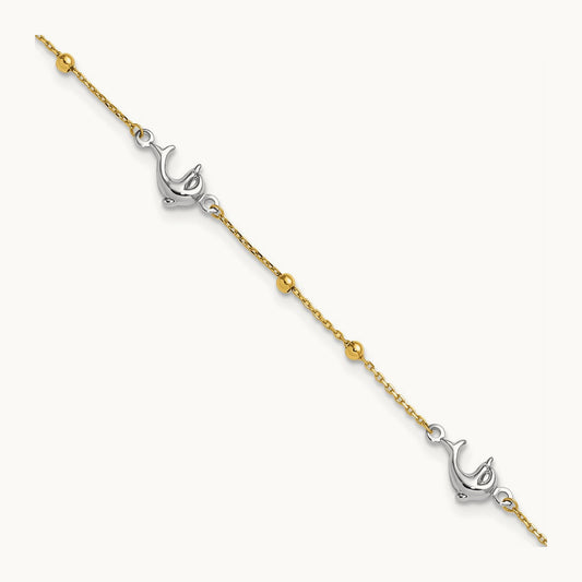 Polished Bead & Dolphin 9in Plus 1in ext Anklet, 14K Two-tone