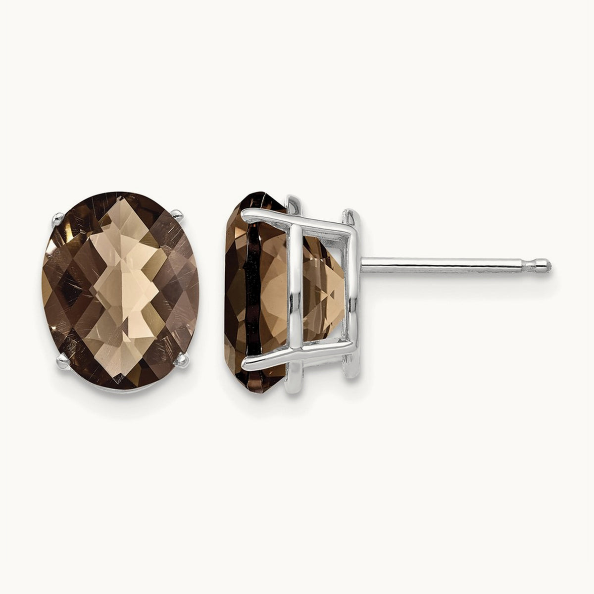 10x8 Oval Checker-Cut Smoky Quartz Earrings, 14K White Gold