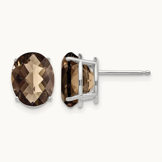 10x8 Oval Checker-Cut Smoky Quartz Earrings, 14K White Gold