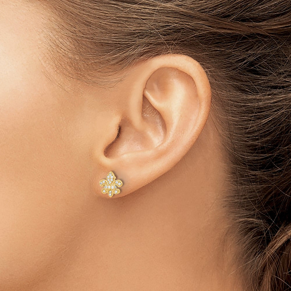 Diamond Fleur de Lis Post Earrings — 14K Yellow Gold