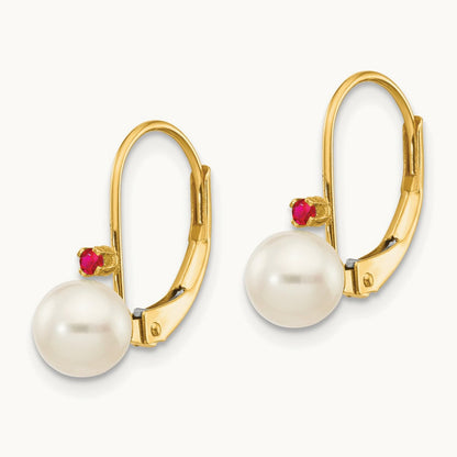 5- White Round FW Cultured Pearl Ruby Leverback Earrings, 5.5mm, 14K