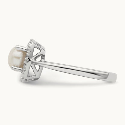 June Birthstone Freshwater Cultured Pearl Halo Ring, 0.25 ct tw Lab-Grown Diamond