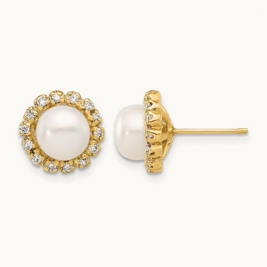 7- Button Freshwater Cultured Pearl and .28ct Dia Post Earrings, 8mm, 14K