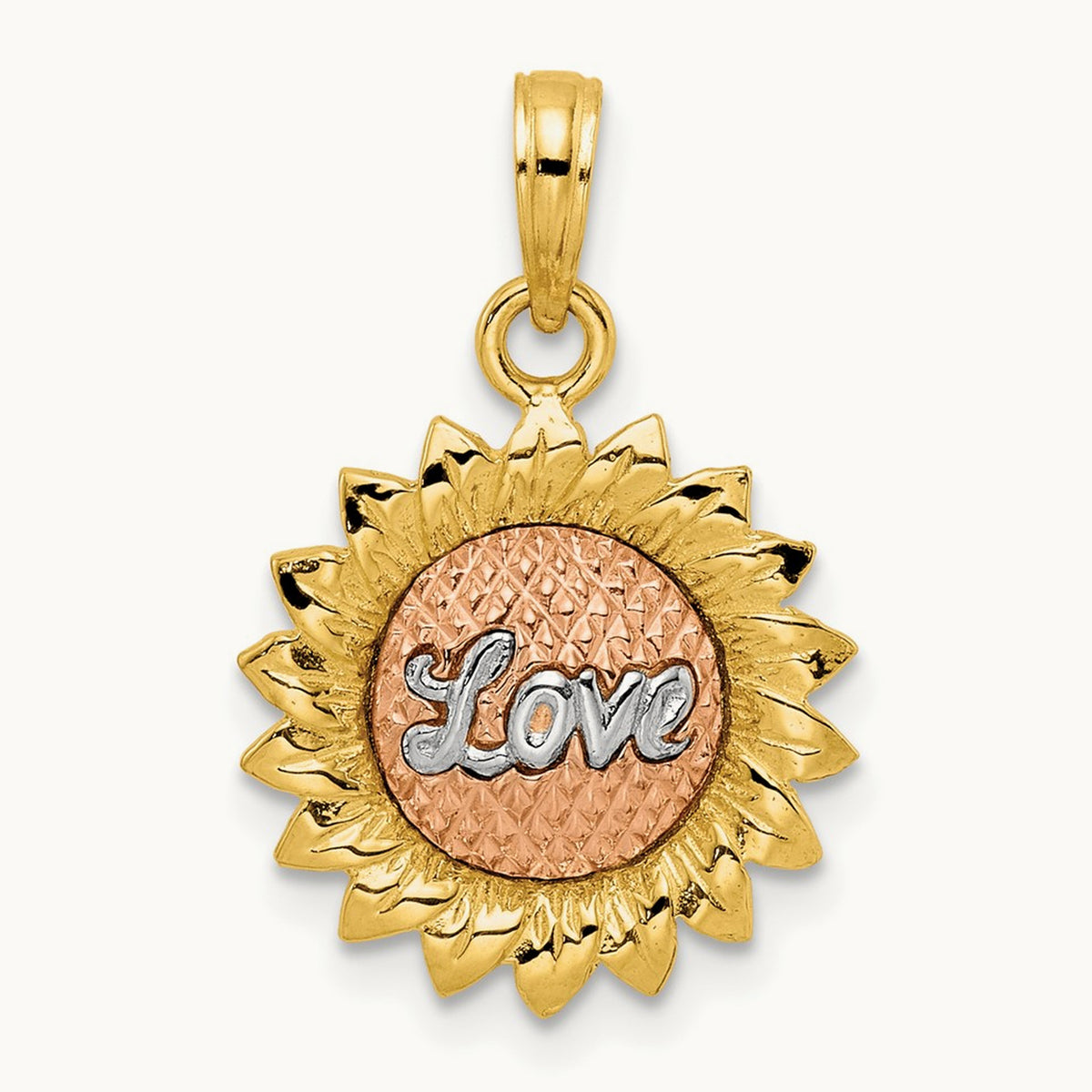 Tri-Color Sunflower w/ LOVE Pendant, 14K