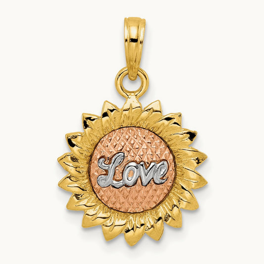 Tri-Color Sunflower w/ LOVE Pendant, 14K