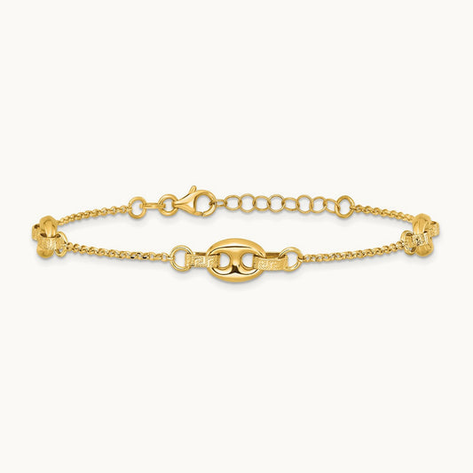 Polished and Textured Greek Key 7.25 w/1in ext. Link Bracelet, 14K