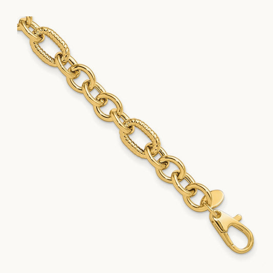 Polished and Textured 7.5in Fancy Bracelet, 14K
