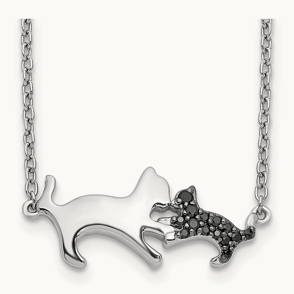 Black Diamond Mother and Baby Cat 18 inch Necklace, 14K White Gold