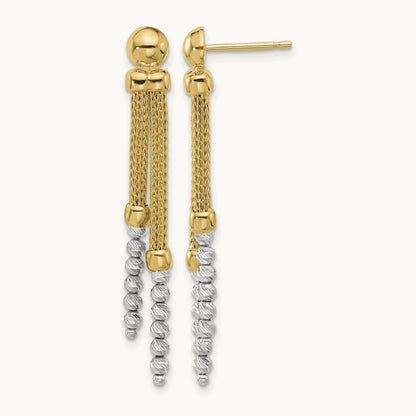 Polished and Diamond-cut Beaded Dangle Post Earrings, 14K Two-tone