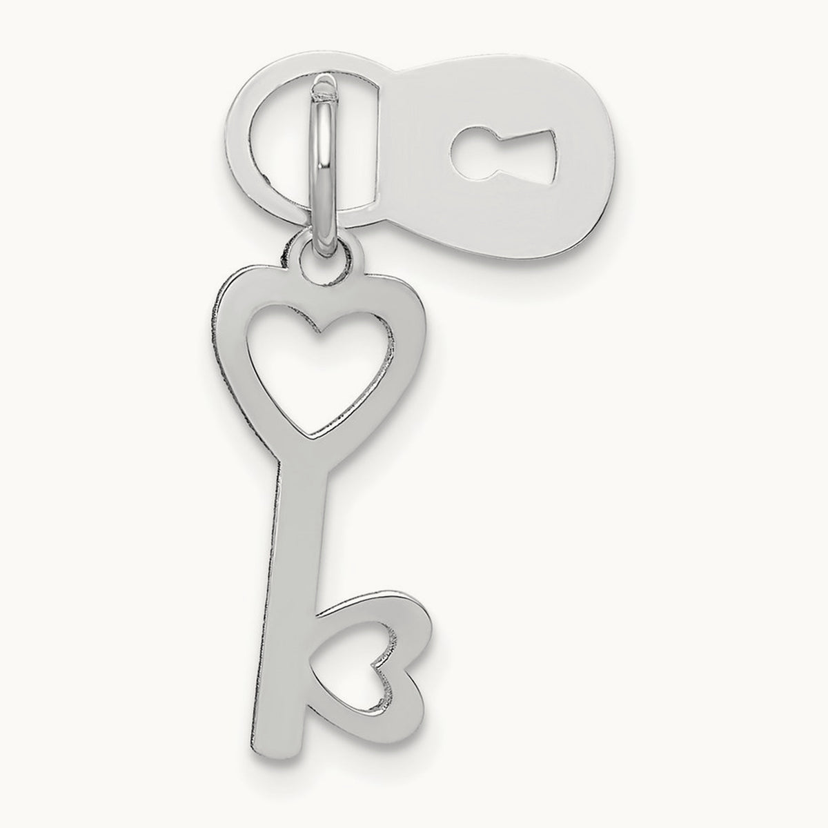 Polished Moveable Lock and Heart Key Charm, 14K White Gold