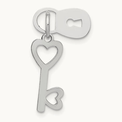 Polished Moveable Lock and Heart Key Charm, 14K White Gold