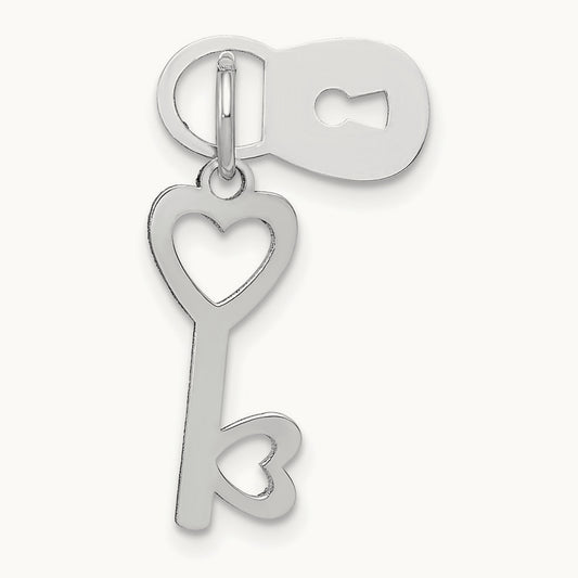 Polished Moveable Lock and Heart Key Charm, 14K White Gold