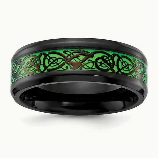 Polished Black IP Dragon Design Green Glow in the Dark Enam, Stainless Steel