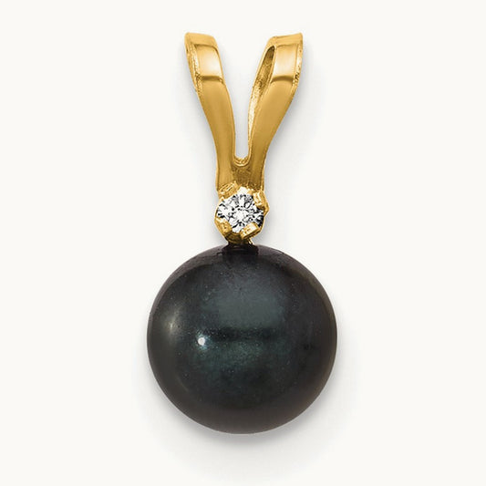 Black Round Saltwater Akoya Cultured Pearl Diamond Pendant — 14K Yellow Gold