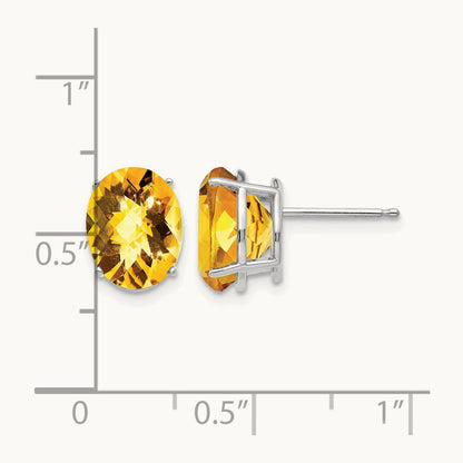 10x8mm Oval Citrine Checker Earrings, 14K White Gold