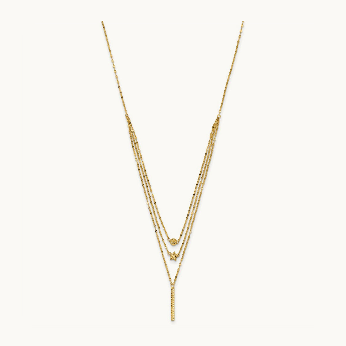 Three Layer D/C Bead/Star/Bar Necklace, 14K