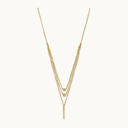 Three Layer D/C Bead/Star/Bar Necklace, 14K