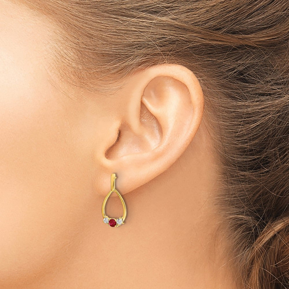 Created Ruby Dangle Teardrop Post Earrings, 0.25 ct tw Lab-Grown Diamond — 10K Yellow Gold