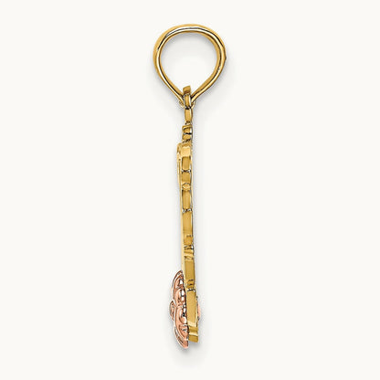 MOM Script w/ Flower Charm, 14K Two-tone
