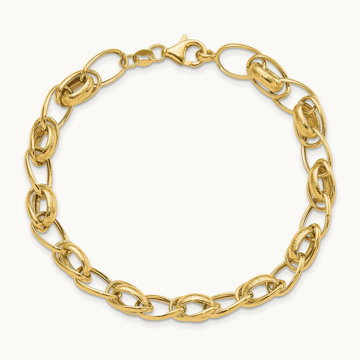 Polished and Textured Fancy Link Bracelet, 14K