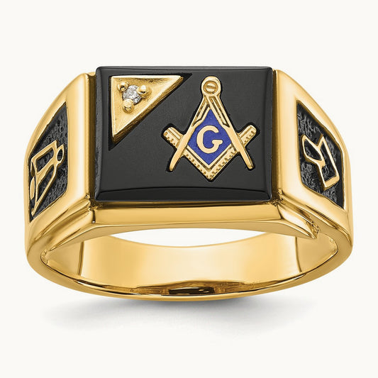 Men's Textured w/ Black Enamel, Onyx & Diamond Masonic Ring, 14K