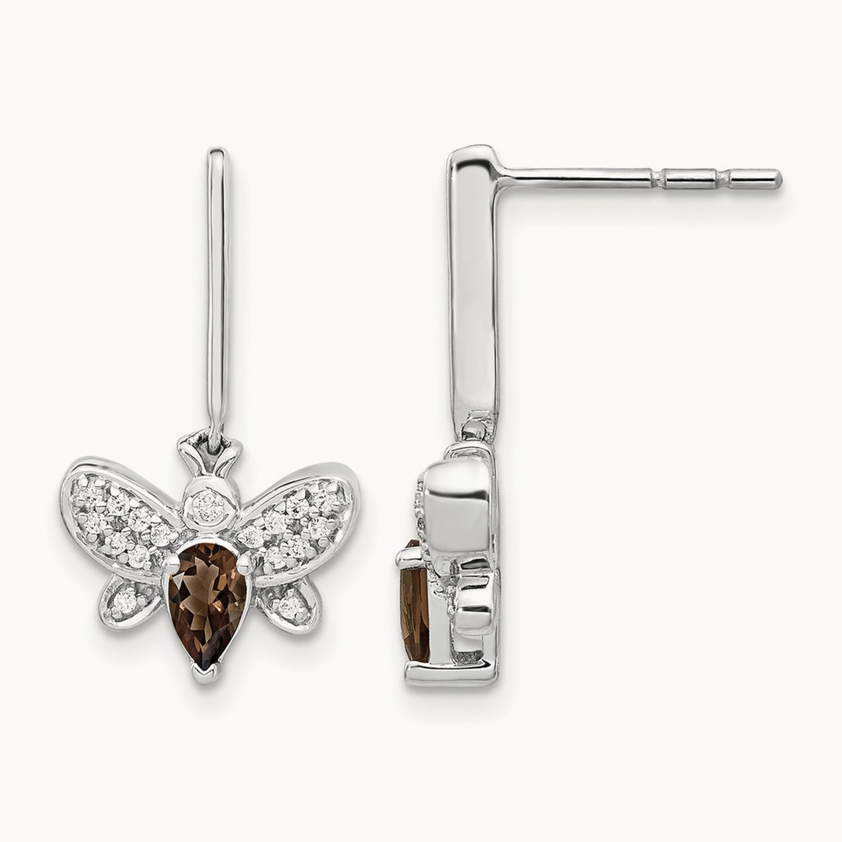Diamond and Smokey Quartz Bee Earrings, 14K White Gold