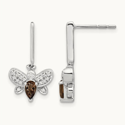 Diamond and Smokey Quartz Bee Earrings, 14K White Gold