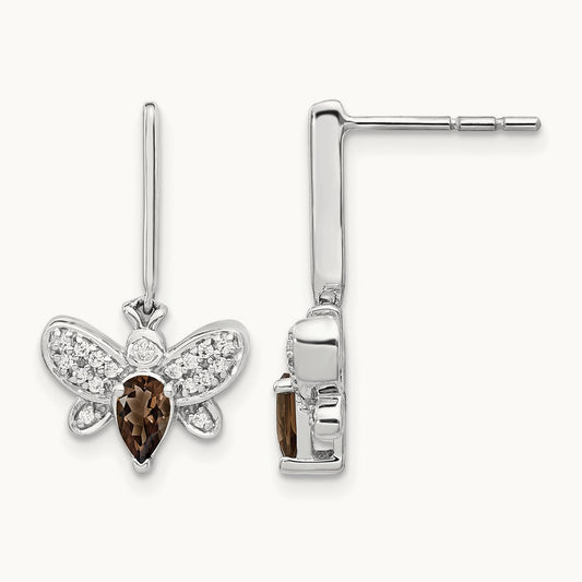 Diamond and Smokey Quartz Bee Earrings, 14K White Gold