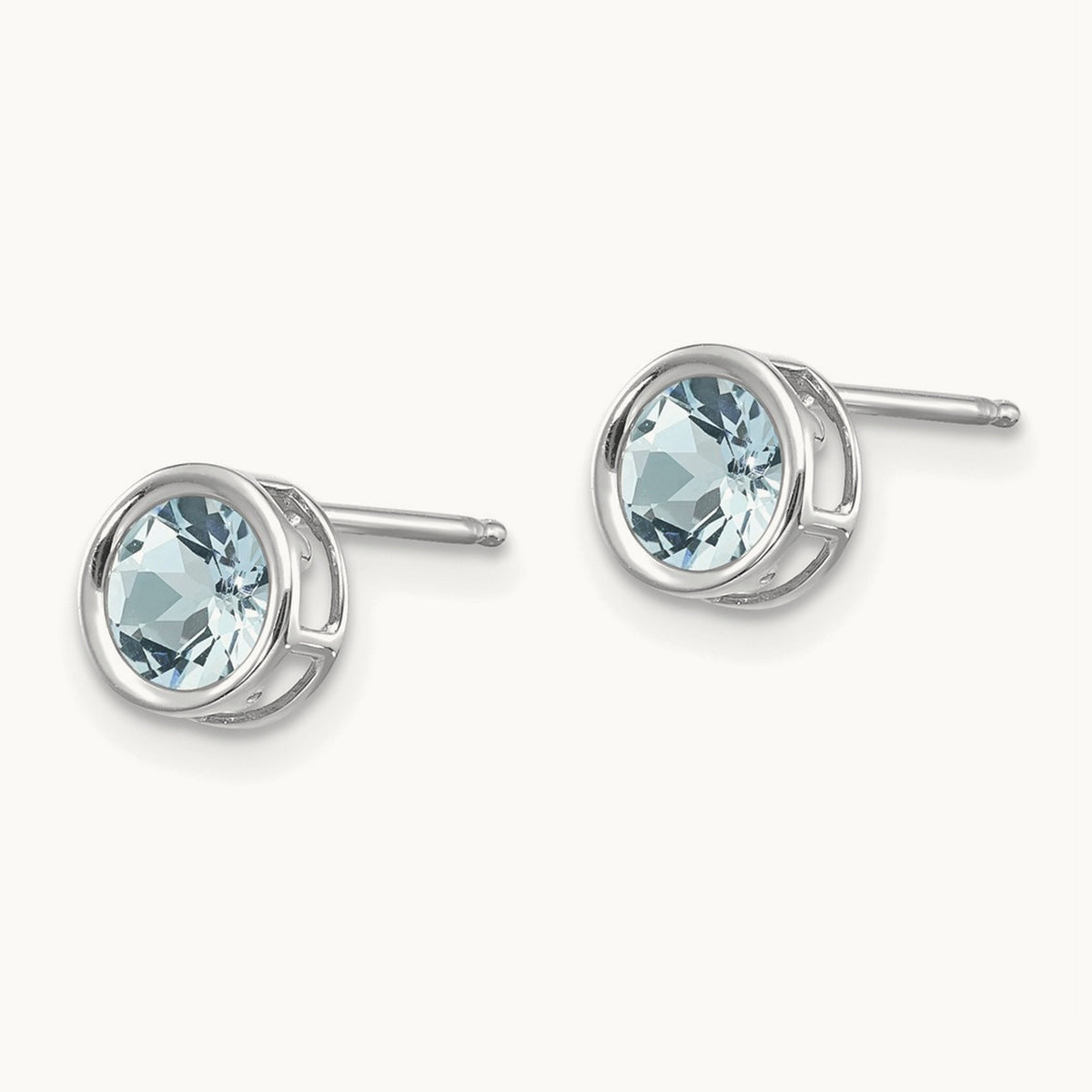 Bezel Aquamarine Stud Earrings — 14K White Gold