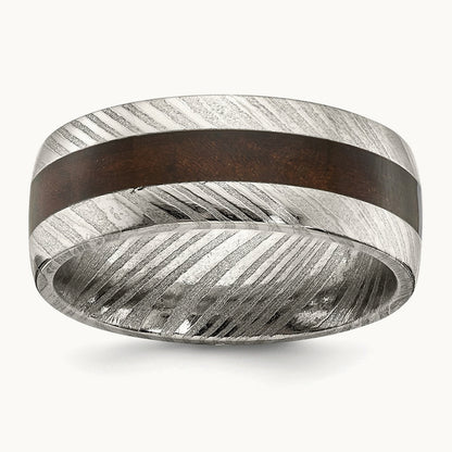 Damascus Steel Polished with Ebony Wood Inlay Band, 8mm