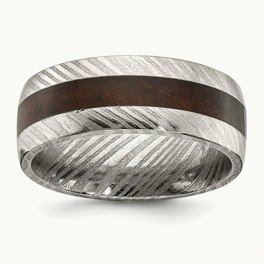 Damascus Steel Polished with Ebony Wood Inlay Band, 8mm
