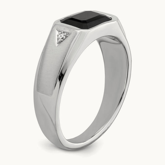 Polished & Satin Onyx & Diamond Mens Ring, 14K White Gold