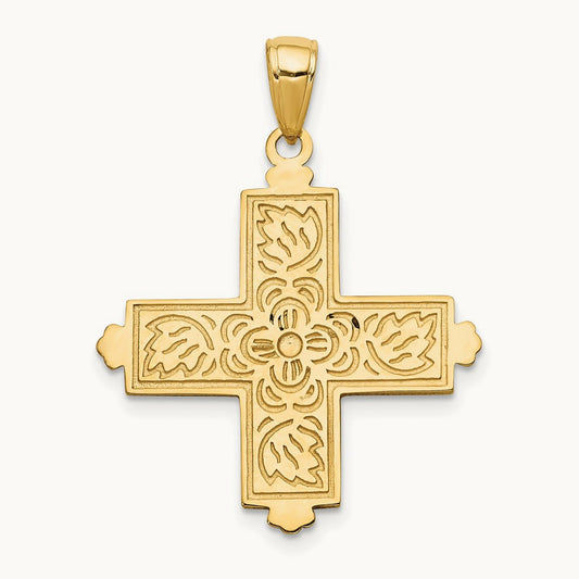 Etched Square Cross w/Crown Tips Pendant, 14K