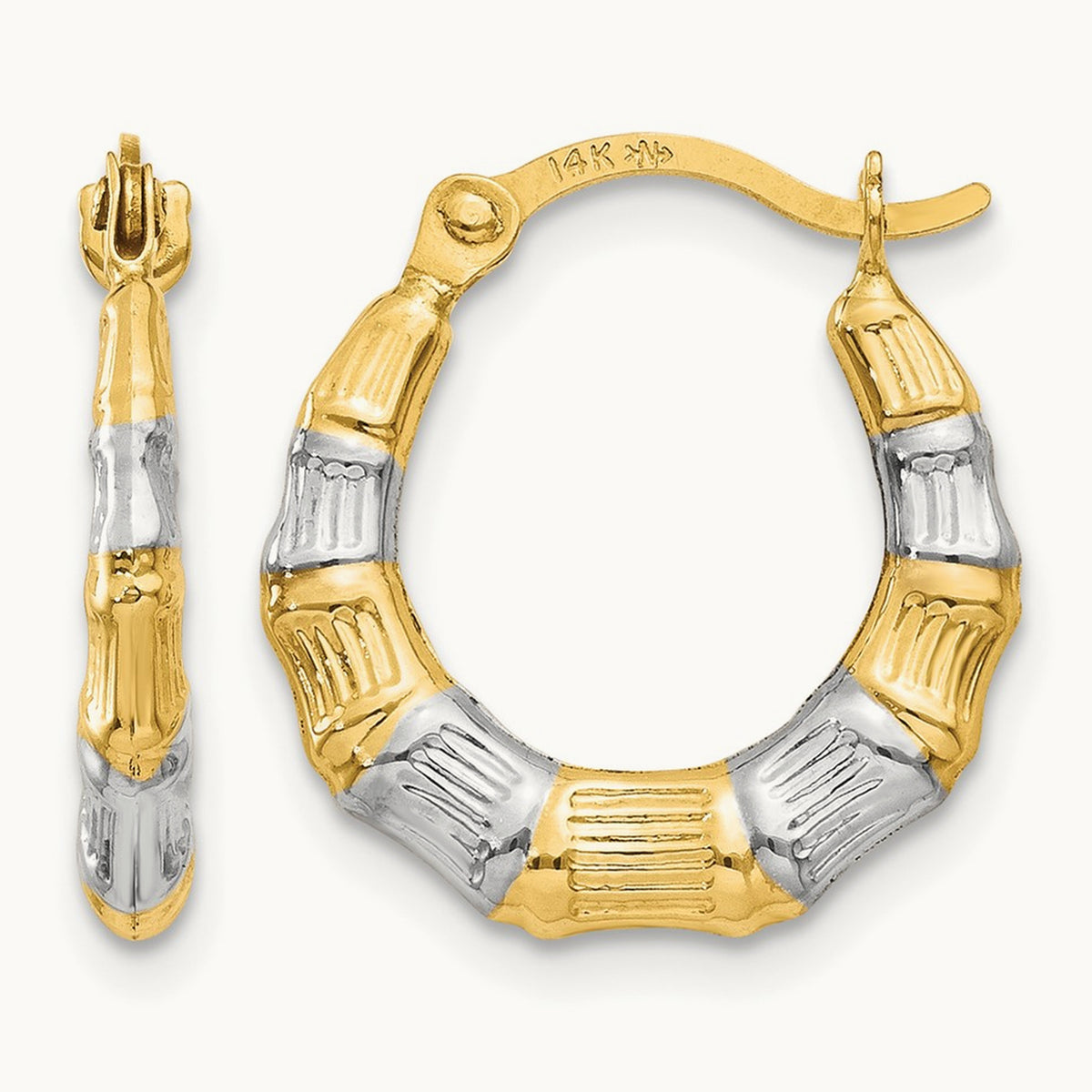 & Rhodium Hollow Bamboo Hoop Earrings, 14K