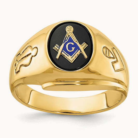 IBGoodman Men's Grooved Onyx Blue Lodge Master Masonic Ring, 14K