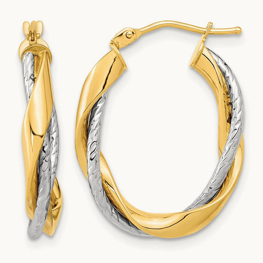 Polished Rope Twisted Oval Hoop Earrings, 14K Two-tone